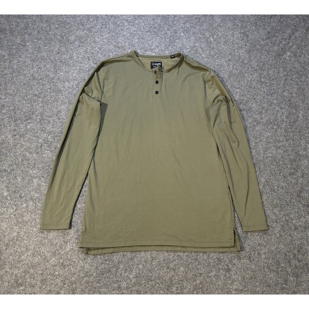 Cuts Split Hem Henley Shirt Men's Medium Green Long Sleeve